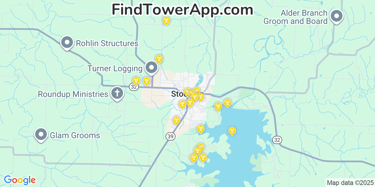 Map showing the 20 primary cell tower locations detected in Stockton, Missouri from AT&T, Verizon, and T-Mobile networks
