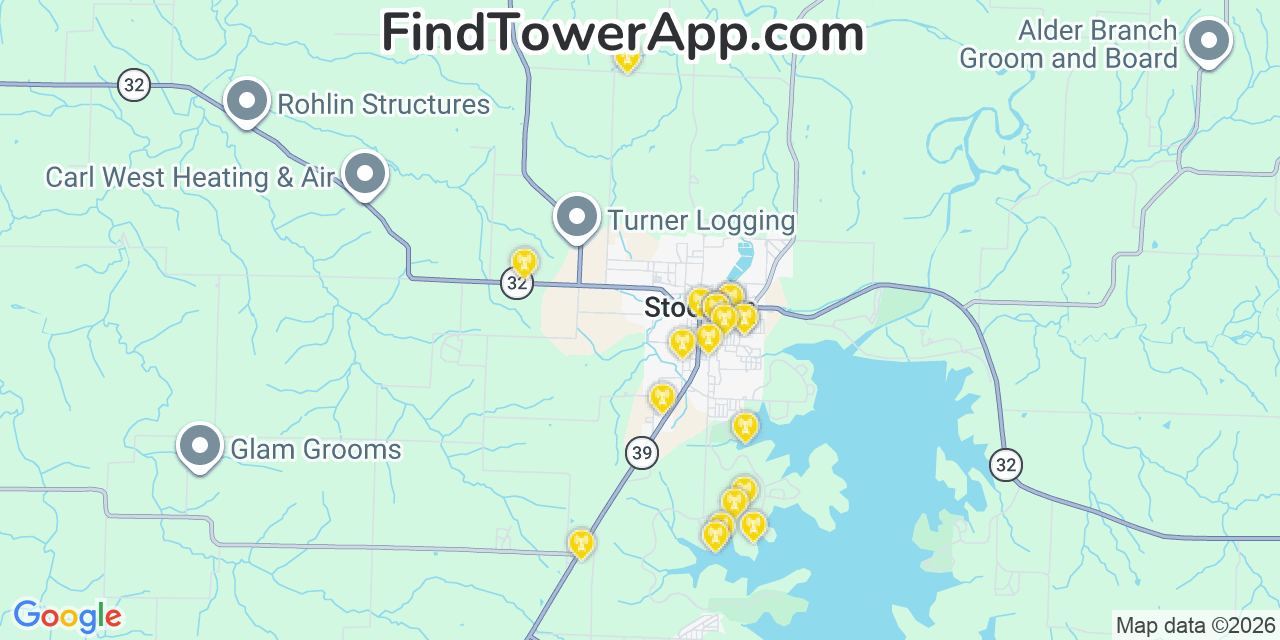 Map showing the 20 primary cell tower locations detected in Stockton, Missouri from AT&T, Verizon, and T-Mobile networks