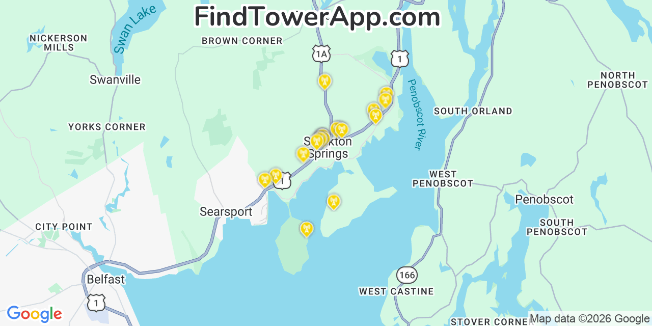 Map showing the 20 primary cell tower locations detected in Stockton Springs, Maine from AT&T, Verizon, and T-Mobile networks