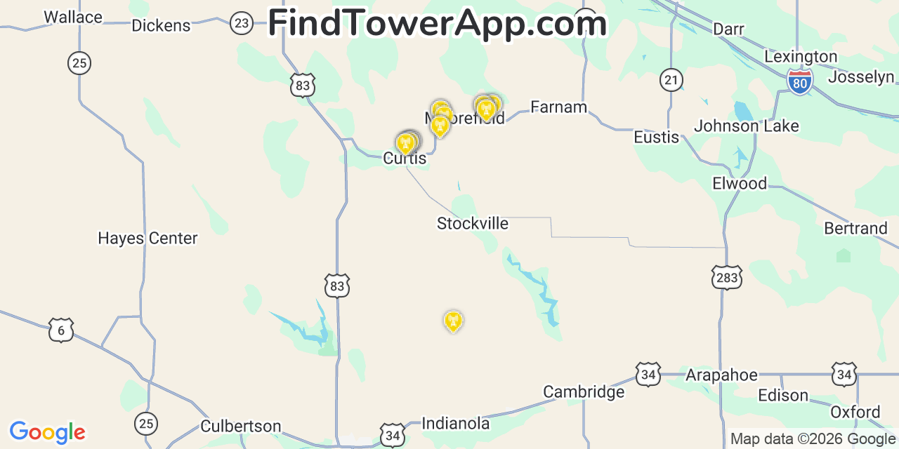 Map showing the 20 primary cell tower locations detected in Stockville, Nebraska from AT&T, Verizon, and T-Mobile networks