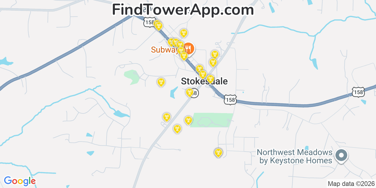Map showing the 20 primary cell tower locations detected in Stokesdale, North Carolina from AT&T, Verizon, and T-Mobile networks