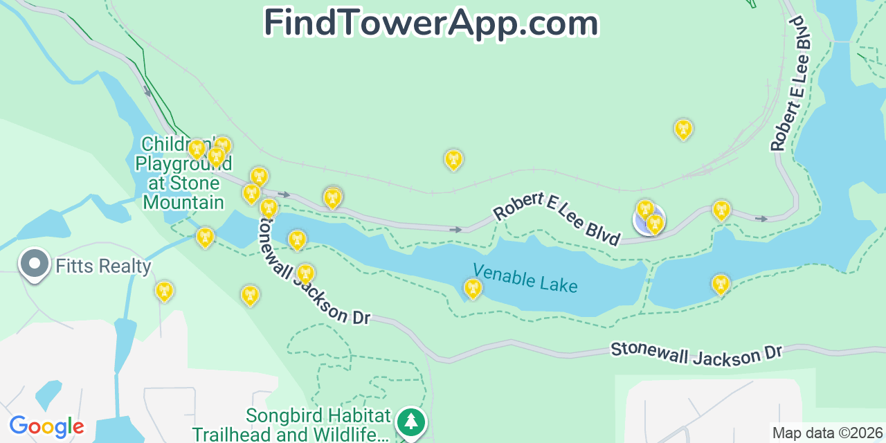 Map showing the 20 primary cell tower locations detected in Stone Mountain, Georgia from AT&T, Verizon, and T-Mobile networks