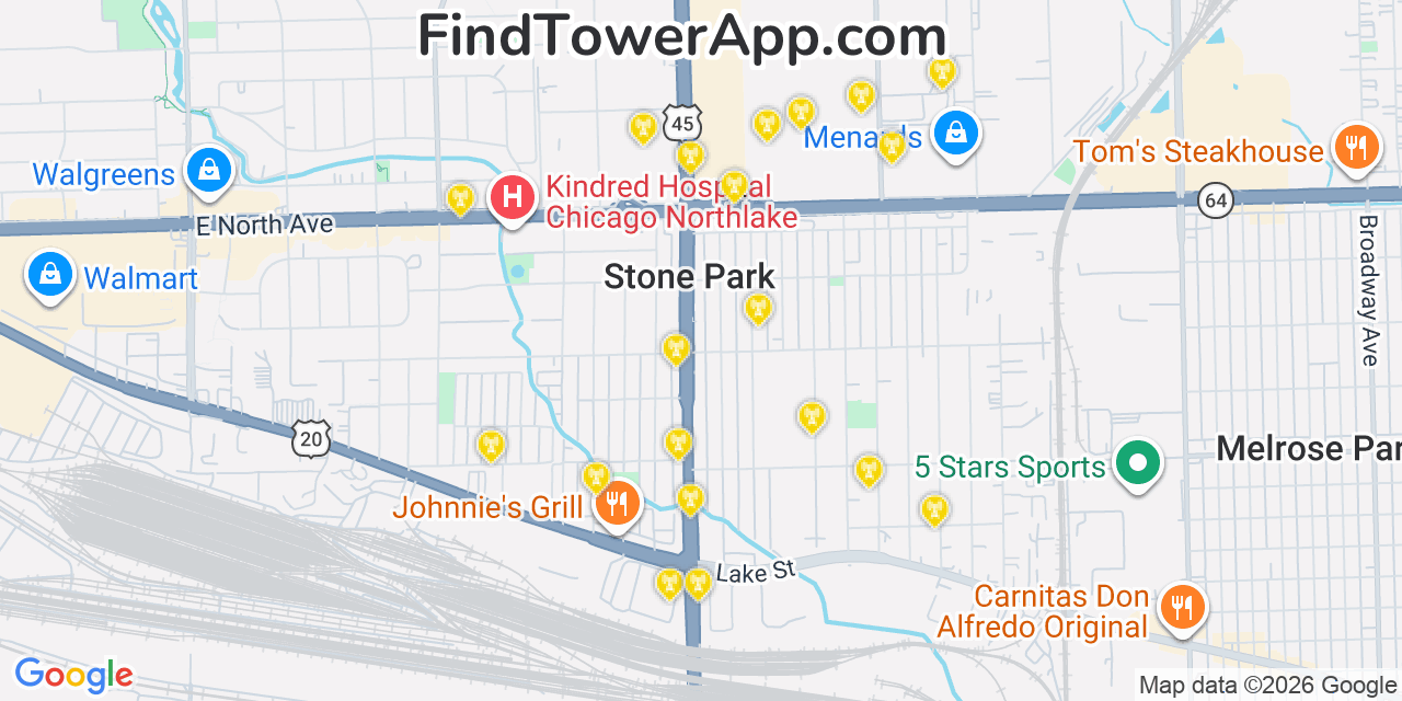 Map showing the 20 primary cell tower locations detected in Stone Park, Illinois from AT&T, Verizon, and T-Mobile networks