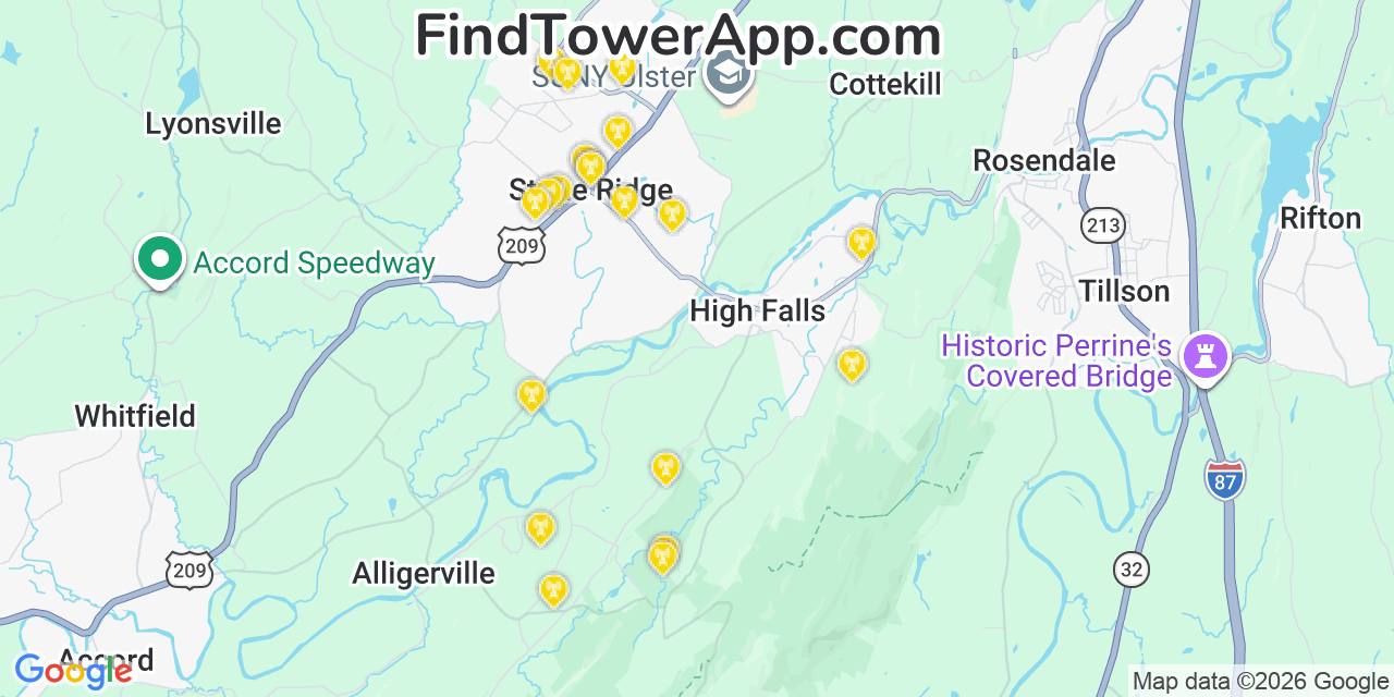 Map showing the 20 primary cell tower locations detected in Stone Ridge, New York from AT&T, Verizon, and T-Mobile networks