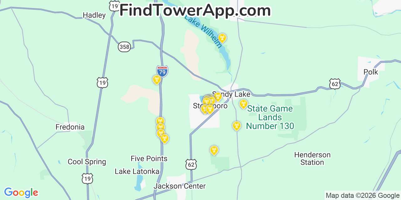 Map showing the 20 primary cell tower locations detected in Stoneboro, Pennsylvania from AT&T, Verizon, and T-Mobile networks