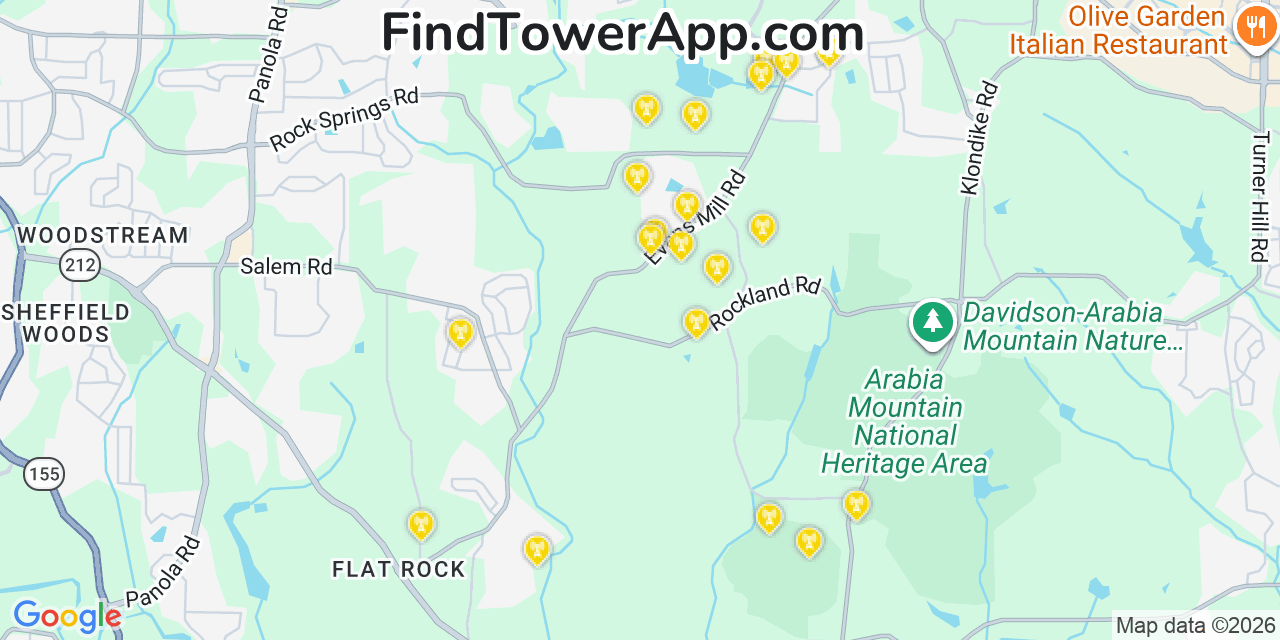 Map showing the 20 primary cell tower locations detected in Stonecrest, Georgia from AT&T, Verizon, and T-Mobile networks