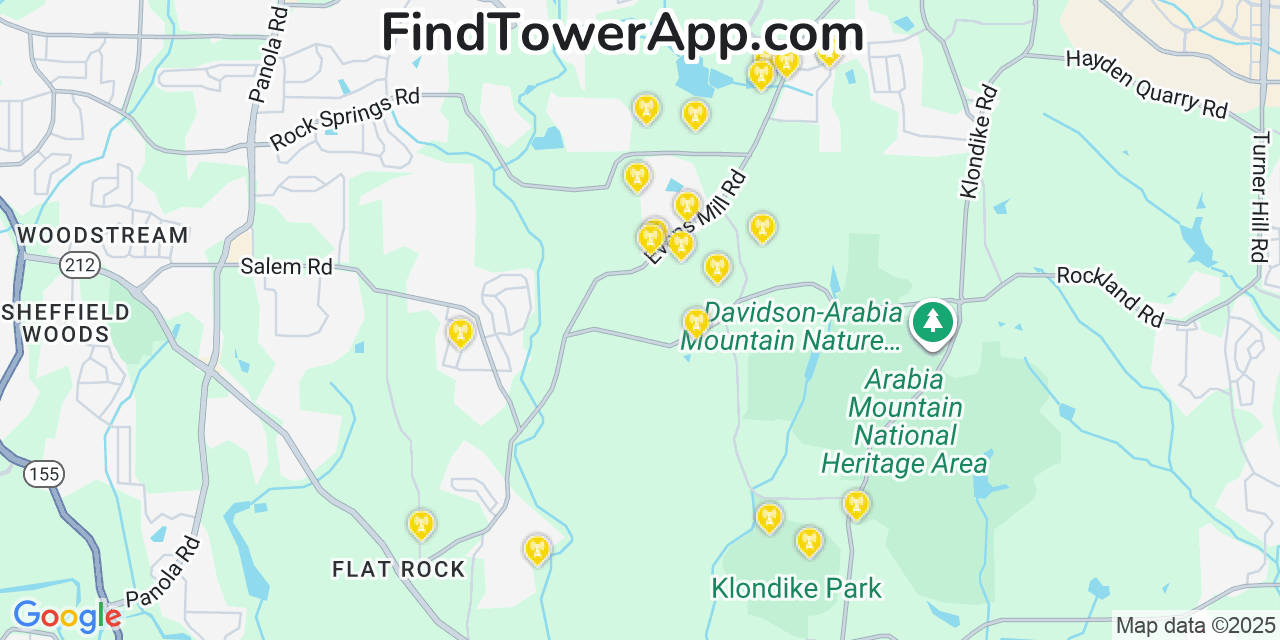 Map showing the 20 primary Mobitel cell tower locations detected in Stonecrest, Georgia with coverage radius and signal strength indicators