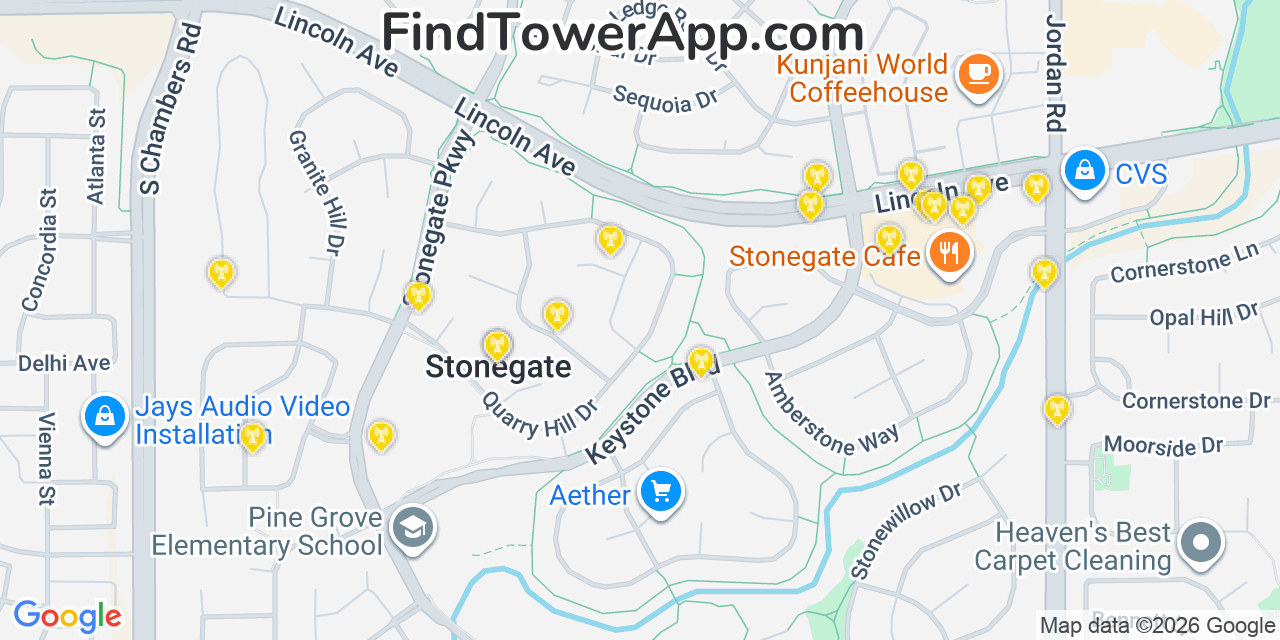 Map showing the 20 primary cell tower locations detected in Stonegate, Colorado from AT&T, Verizon, and T-Mobile networks