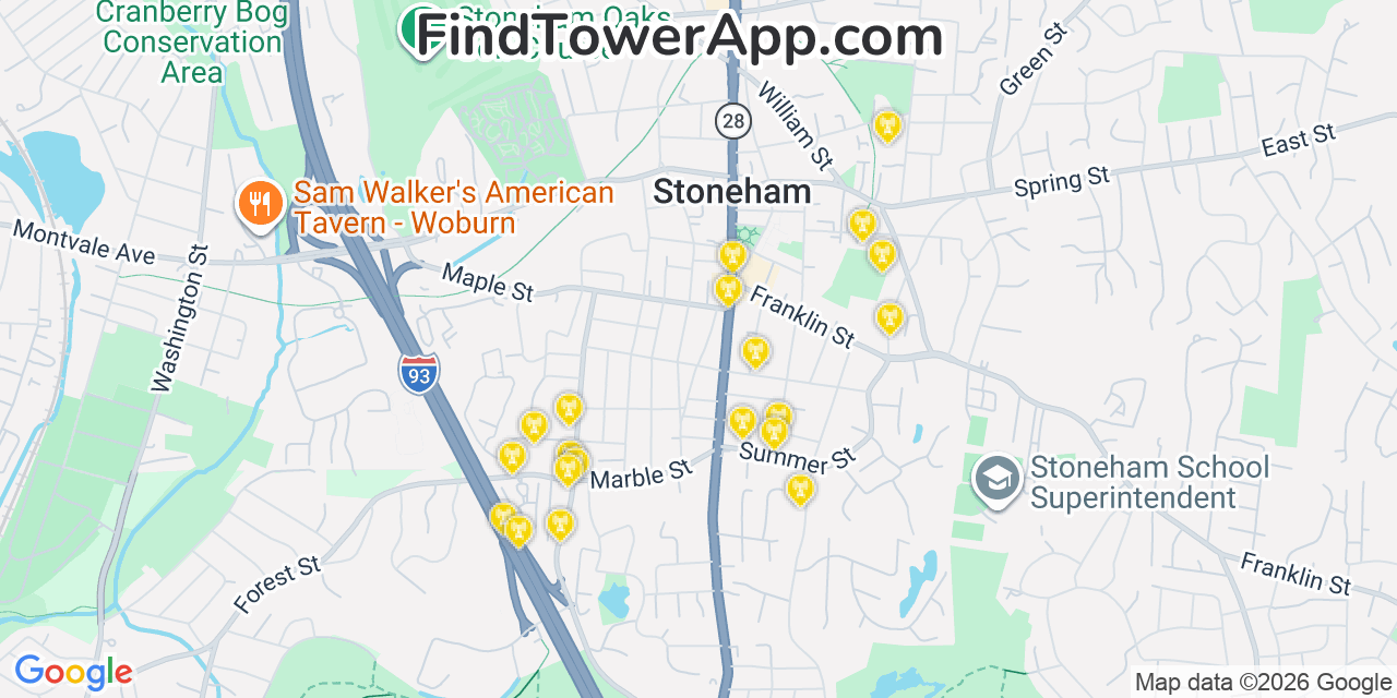 Map showing the 20 primary cell tower locations detected in Stoneham, Massachusetts from AT&T, Verizon, and T-Mobile networks