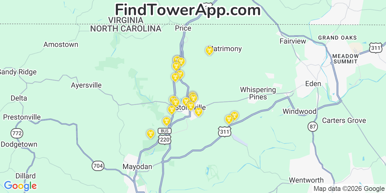 Map showing the 20 primary cell tower locations detected in Stoneville, North Carolina from AT&T, Verizon, and T-Mobile networks