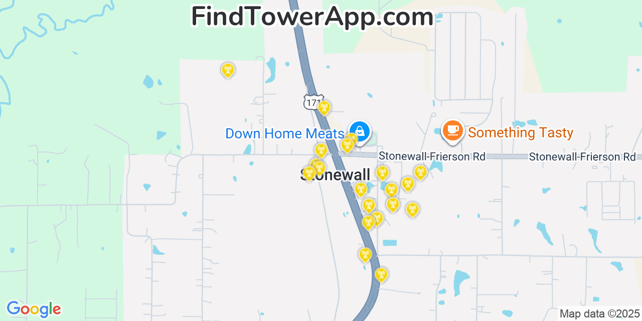 Map showing the 20 primary cell tower locations detected in Stonewall, Louisiana from AT&T, Verizon, and T-Mobile networks