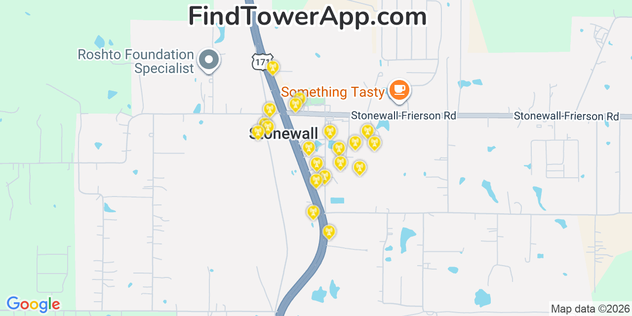Map showing the 20 primary cell tower locations detected in Stonewall, Louisiana from AT&T, Verizon, and T-Mobile networks