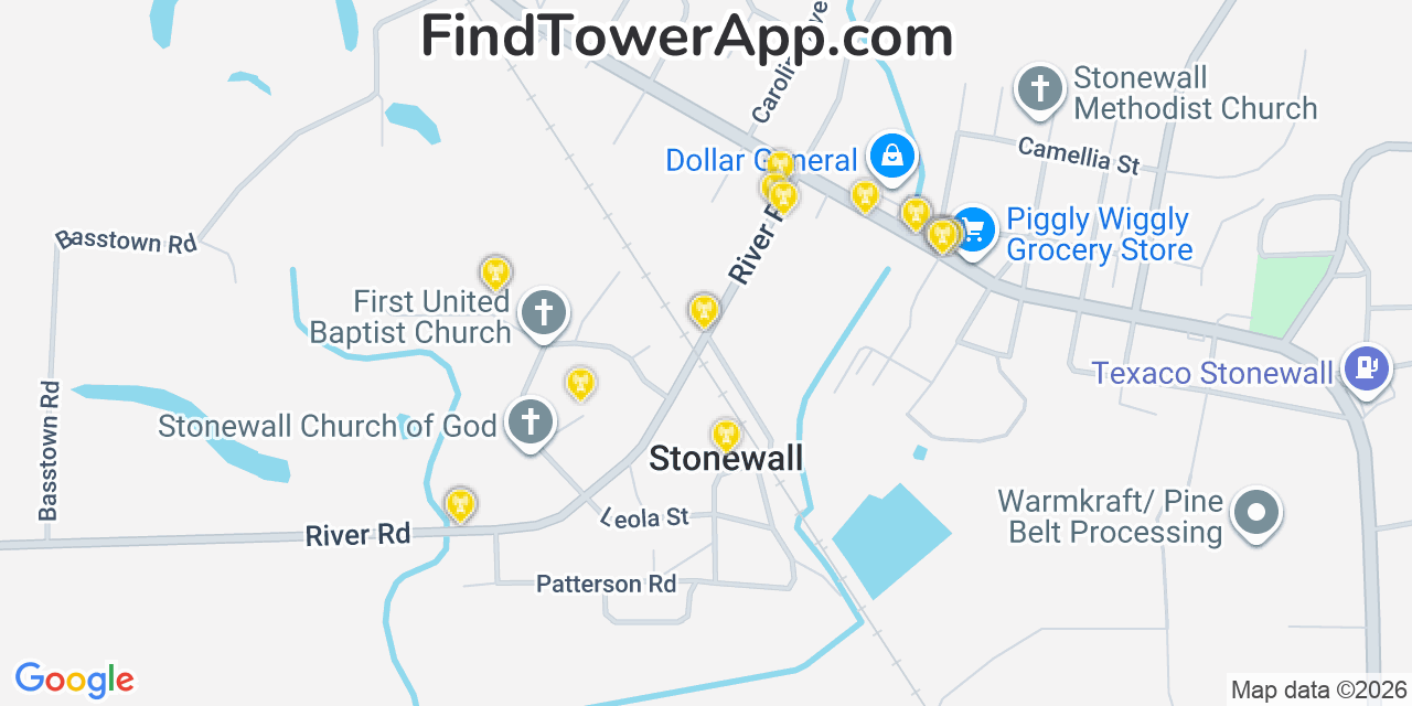 Map showing the 20 primary cell tower locations detected in Stonewall, Mississippi from AT&T, Verizon, and T-Mobile networks