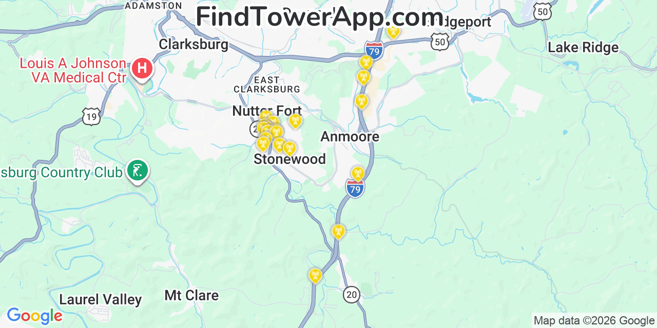 Map showing the 20 primary cell tower locations detected in Stonewood, West Virginia from AT&T, Verizon, and T-Mobile networks