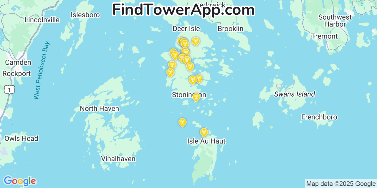Map showing the 20 primary cell tower locations detected in Stonington, Maine from AT&T, Verizon, and T-Mobile networks