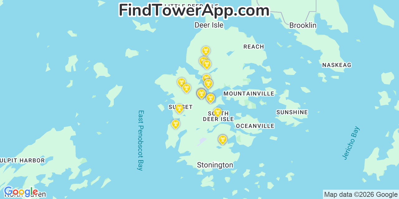 Map showing the 20 primary cell tower locations detected in Stonington, Maine from AT&T, Verizon, and T-Mobile networks