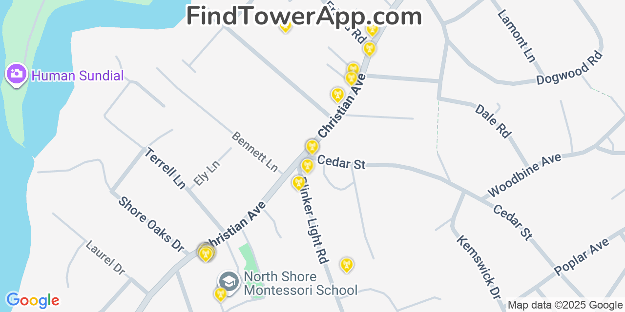 Map showing the 20 primary cell tower locations detected in Stony Brook, New York from AT&T, Verizon, and T-Mobile networks