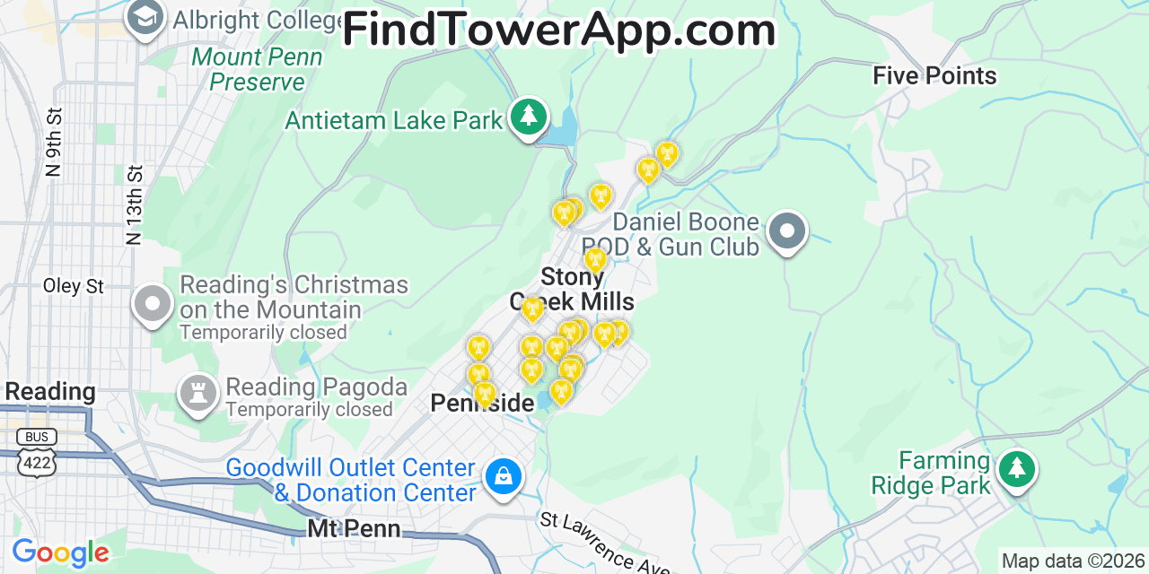 Map showing the 20 primary cell tower locations detected in Stony Creek Mills, Pennsylvania from AT&T, Verizon, and T-Mobile networks