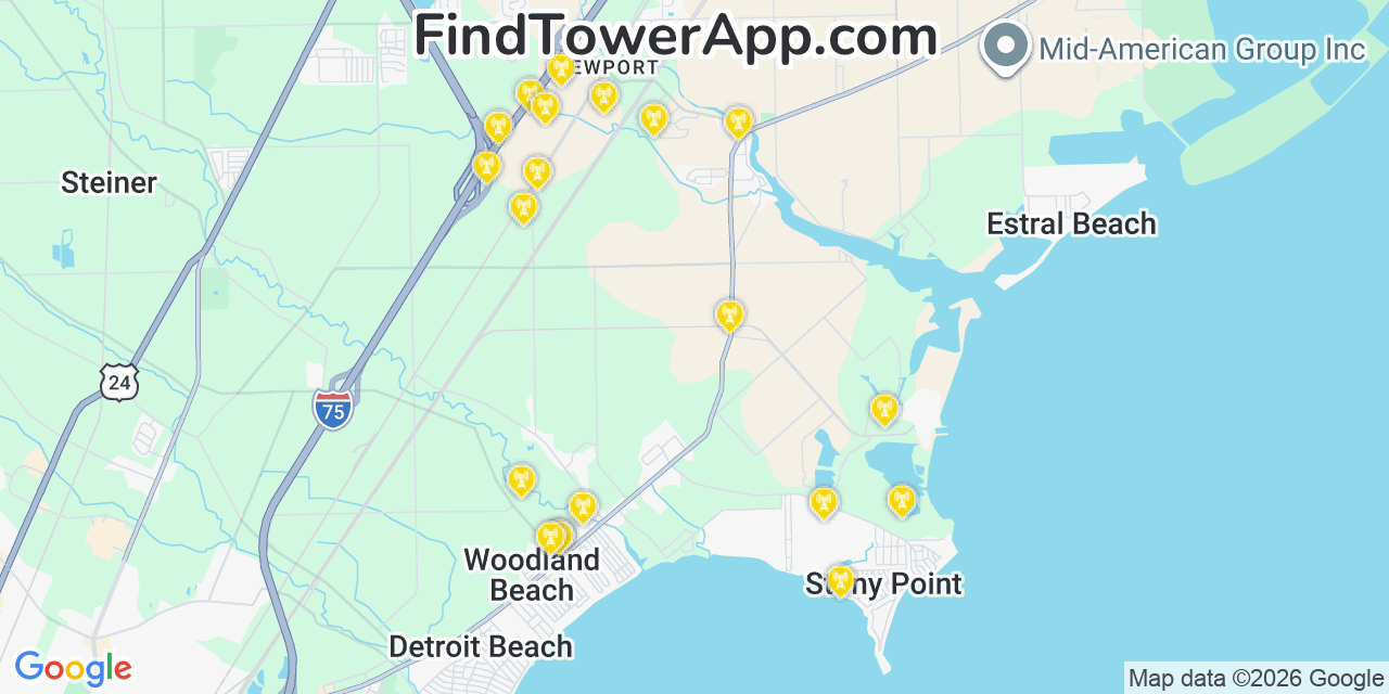 Map showing the 20 primary cell tower locations detected in Stony Point, Michigan from AT&T, Verizon, and T-Mobile networks