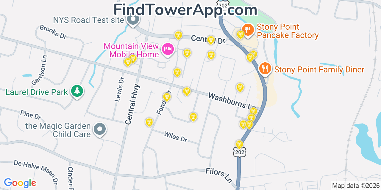 Map showing the 20 primary cell tower locations detected in Stony Point, New York from AT&T, Verizon, and T-Mobile networks