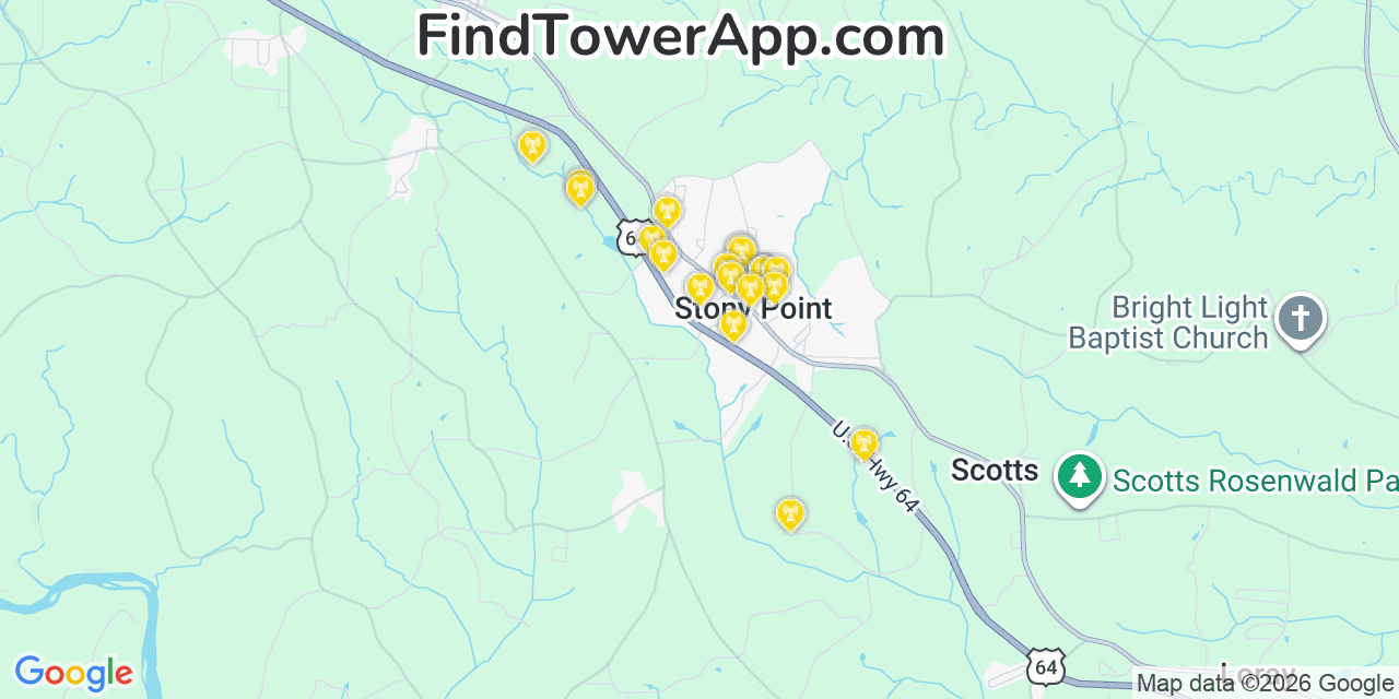 Map showing the 20 primary cell tower locations detected in Stony Point, North Carolina from AT&T, Verizon, and T-Mobile networks