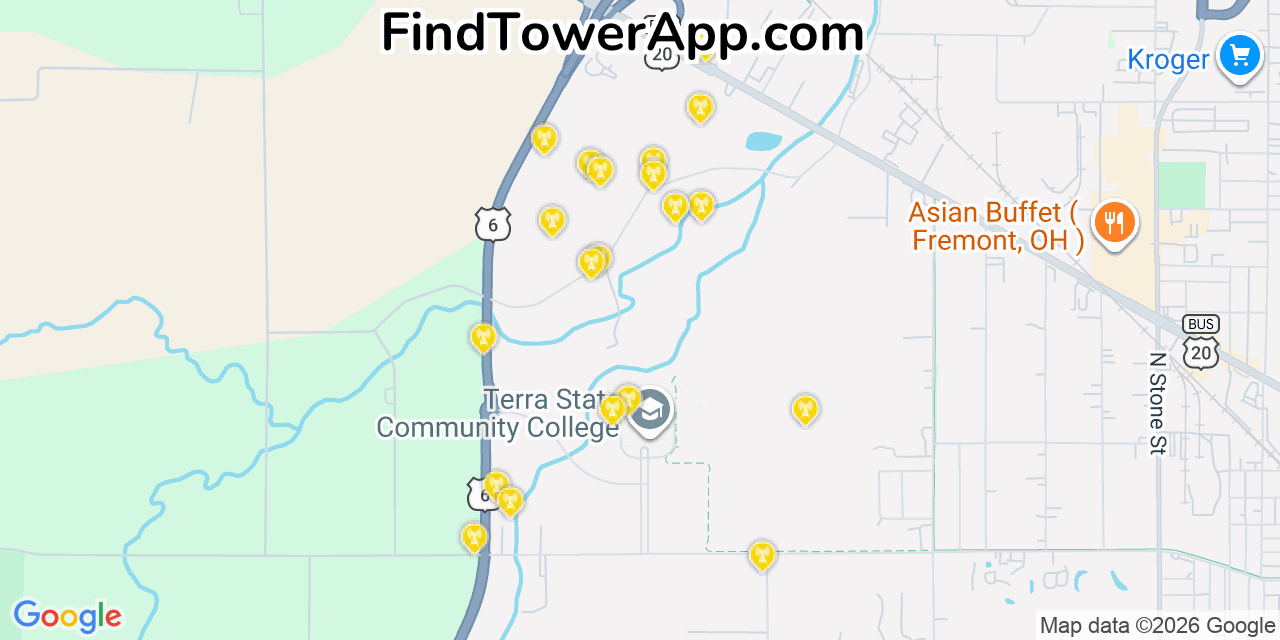 Map showing the 20 primary cell tower locations detected in Stony Prairie, Ohio from AT&T, Verizon, and T-Mobile networks