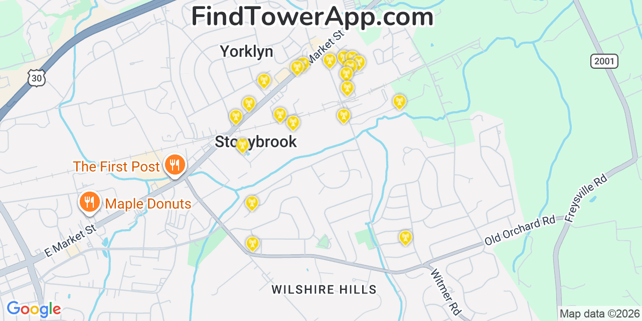 Map showing the 20 primary cell tower locations detected in Stonybrook, Pennsylvania from AT&T, Verizon, and T-Mobile networks