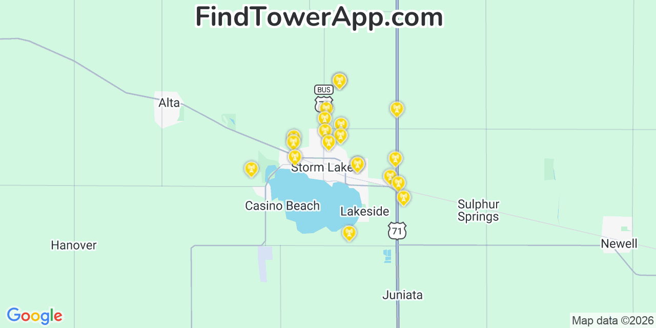 Map showing the 20 primary cell tower locations detected in Storm Lake, Iowa from AT&T, Verizon, and T-Mobile networks