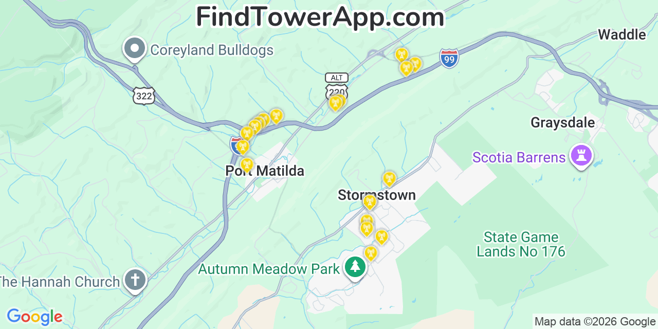Map showing the 20 primary cell tower locations detected in Stormstown, Pennsylvania from AT&T, Verizon, and T-Mobile networks