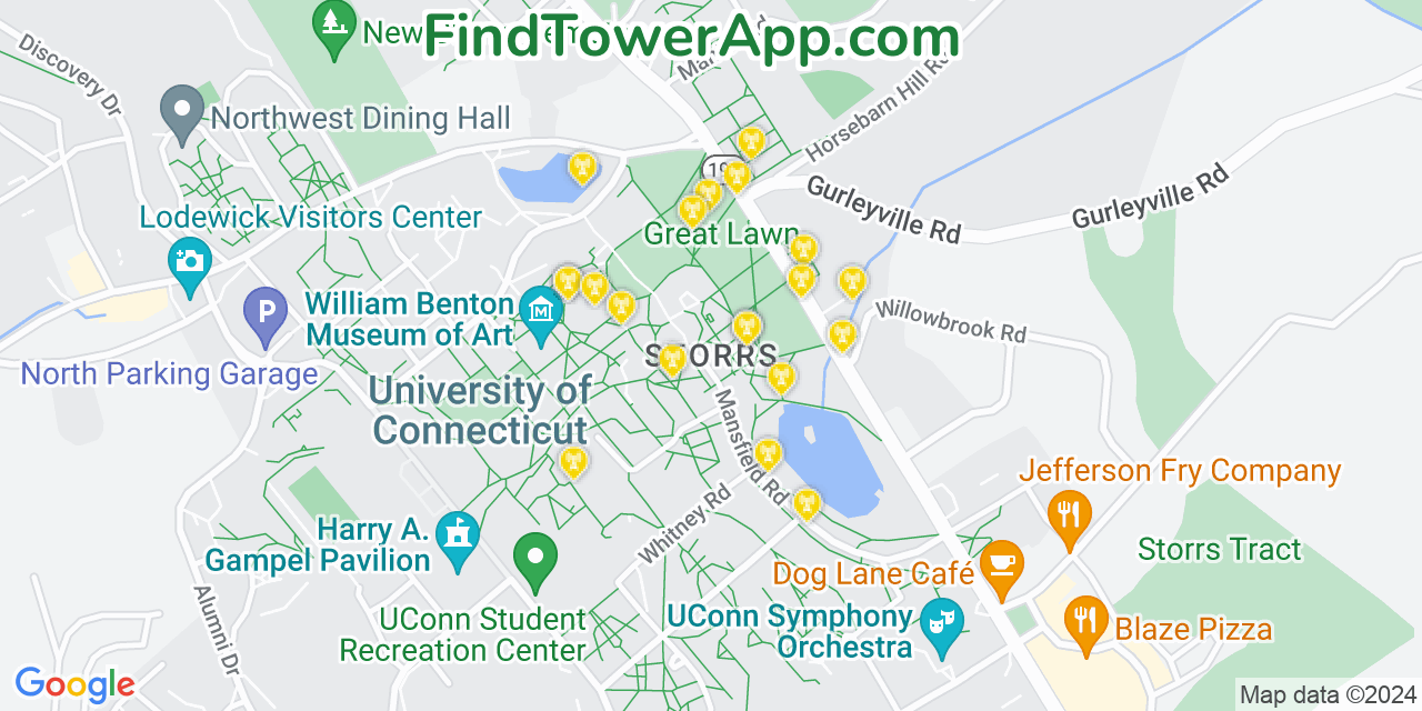 AT&T 4G/5G cell tower coverage map Storrs, Connecticut