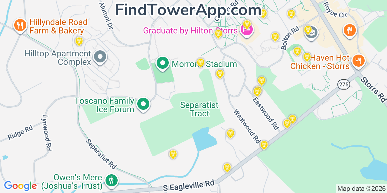 Map showing the 20 primary cell tower locations detected in Storrs, Connecticut from AT&T, Verizon, and T-Mobile networks