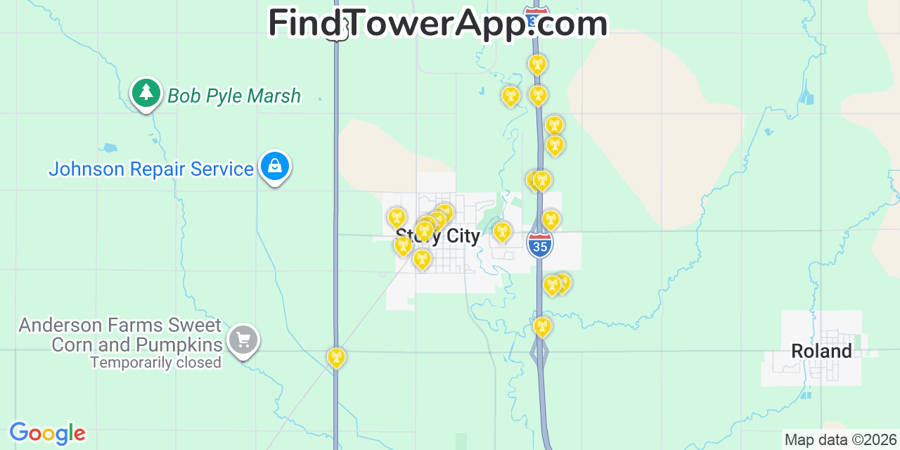 Map showing the 20 primary cell tower locations detected in Story City, Iowa from AT&T, Verizon, and T-Mobile networks
