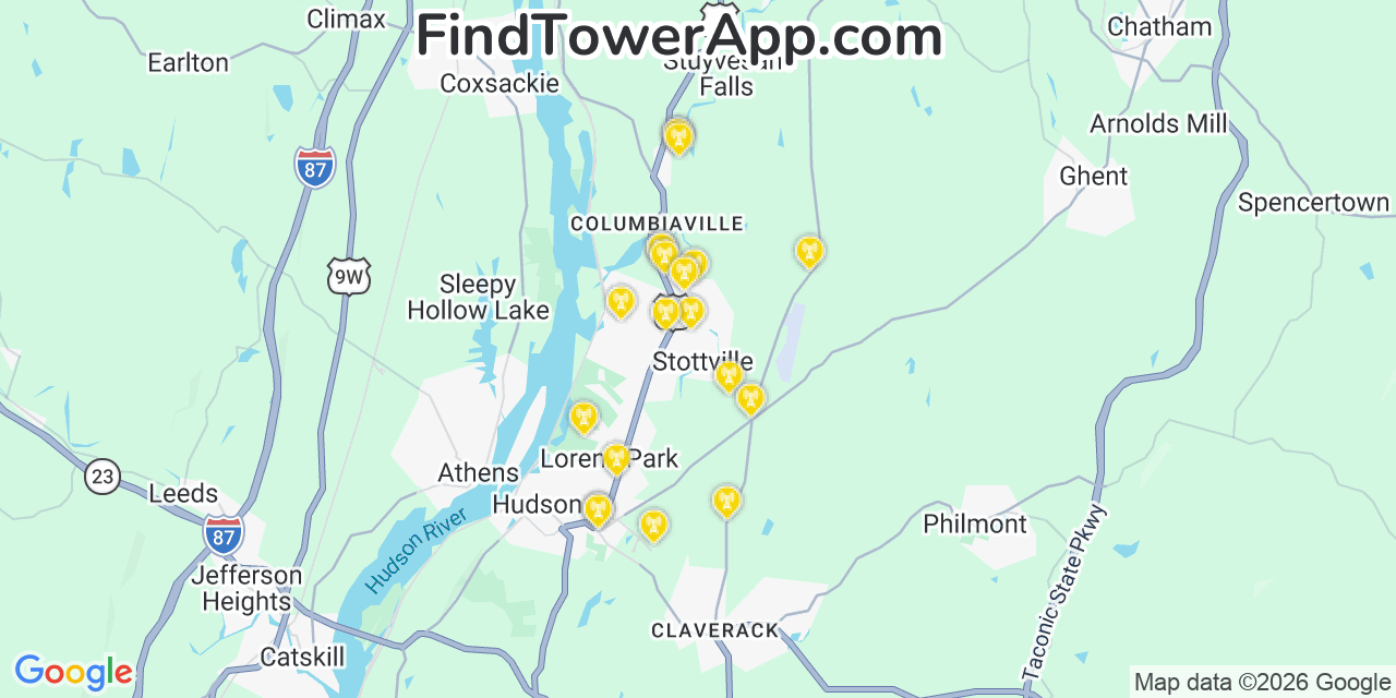 Map showing the 20 primary cell tower locations detected in Stottville, New York from AT&T, Verizon, and T-Mobile networks