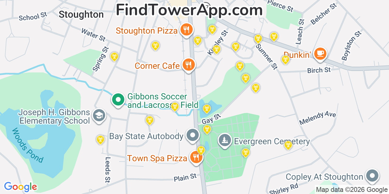 Map showing the 20 primary cell tower locations detected in Stoughton, Massachusetts from AT&T, Verizon, and T-Mobile networks