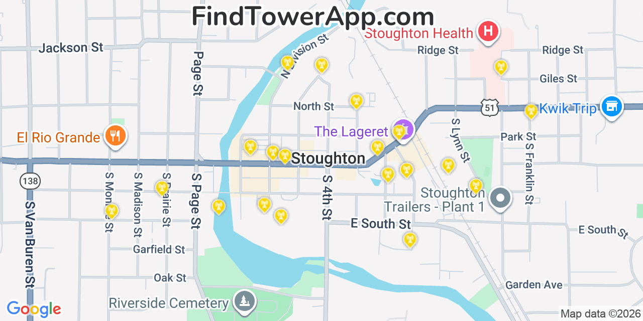 Map showing the 20 primary cell tower locations detected in Stoughton, Wisconsin from AT&T, Verizon, and T-Mobile networks