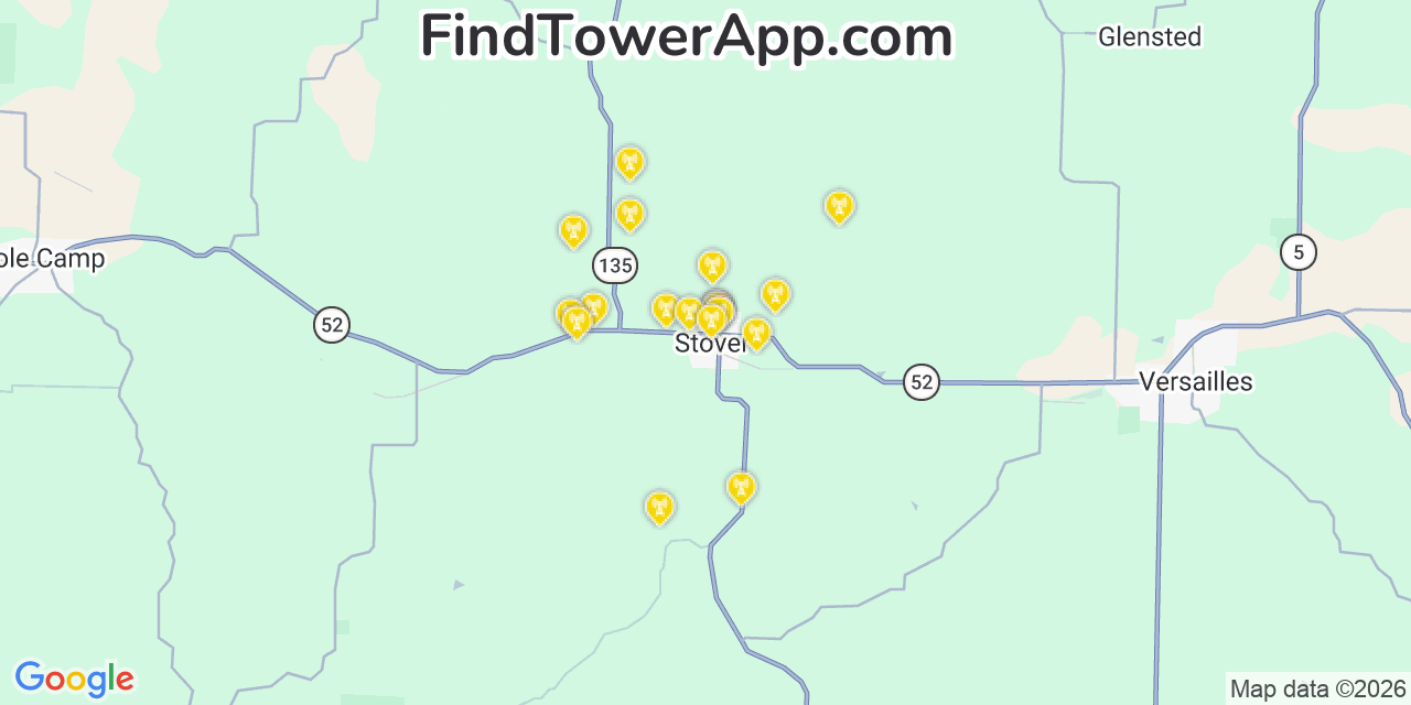 Map showing the 20 primary cell tower locations detected in Stover, Missouri from AT&T, Verizon, and T-Mobile networks