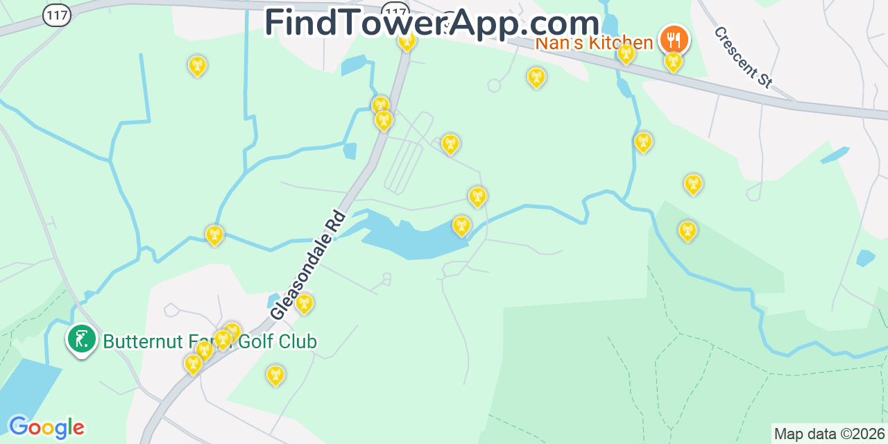 Map showing the 20 primary cell tower locations detected in Stow, Massachusetts from AT&T, Verizon, and T-Mobile networks