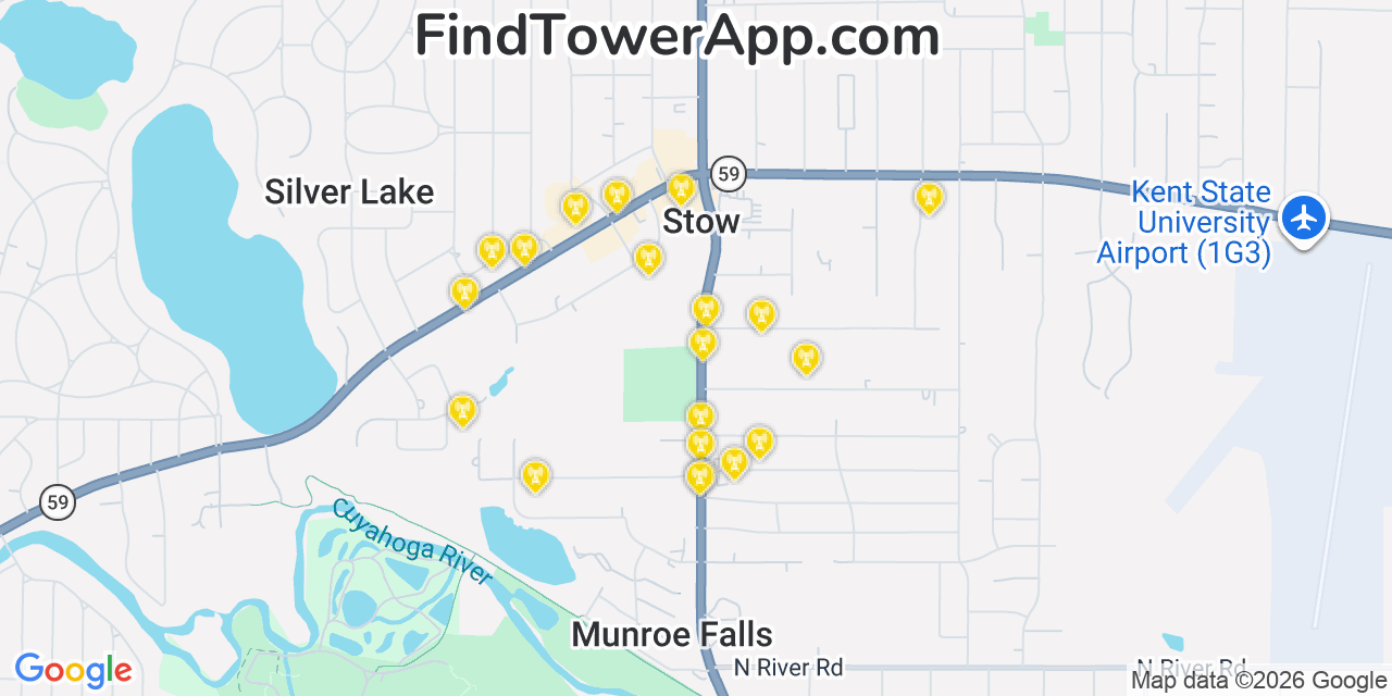 Map showing the 20 primary cell tower locations detected in Stow, Ohio from AT&T, Verizon, and T-Mobile networks