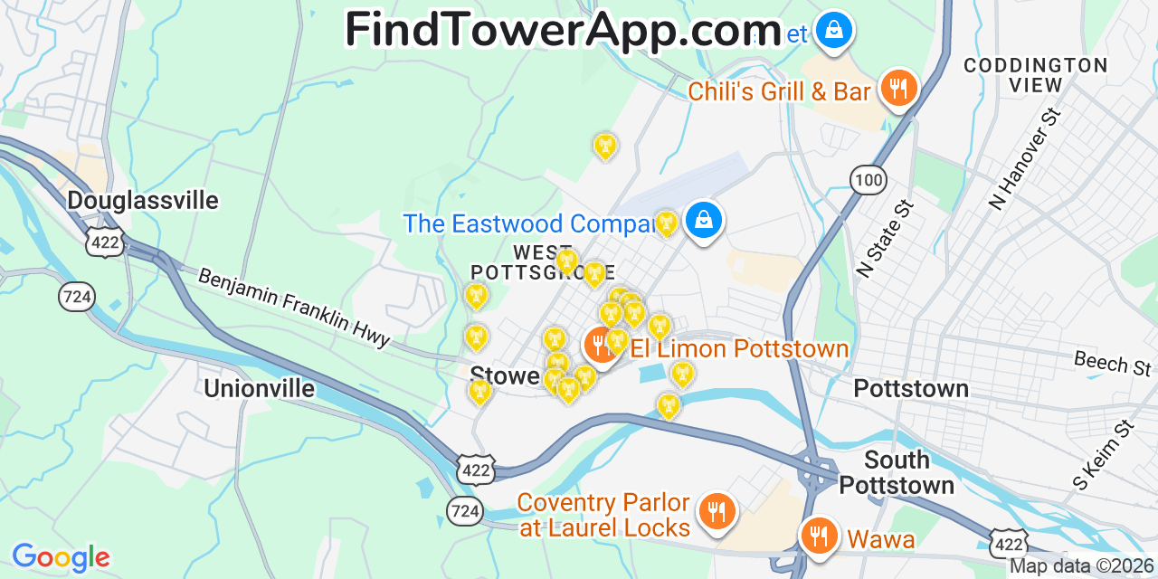 Map showing the 20 primary cell tower locations detected in Stowe, Pennsylvania from AT&T, Verizon, and T-Mobile networks