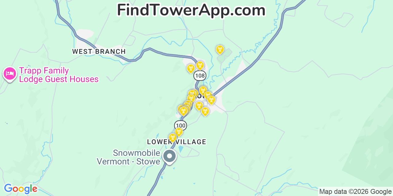Map showing the 20 primary cell tower locations detected in Stowe, Vermont from AT&T, Verizon, and T-Mobile networks