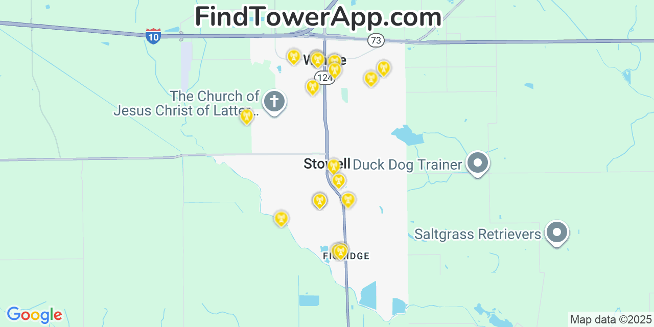 Map showing the 20 primary cell tower locations detected in Stowell, Texas from AT&T, Verizon, and T-Mobile networks