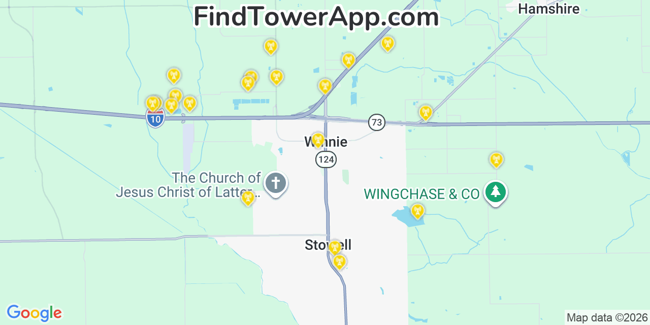 Map showing the 20 primary cell tower locations detected in Stowell, Texas from AT&T, Verizon, and T-Mobile networks