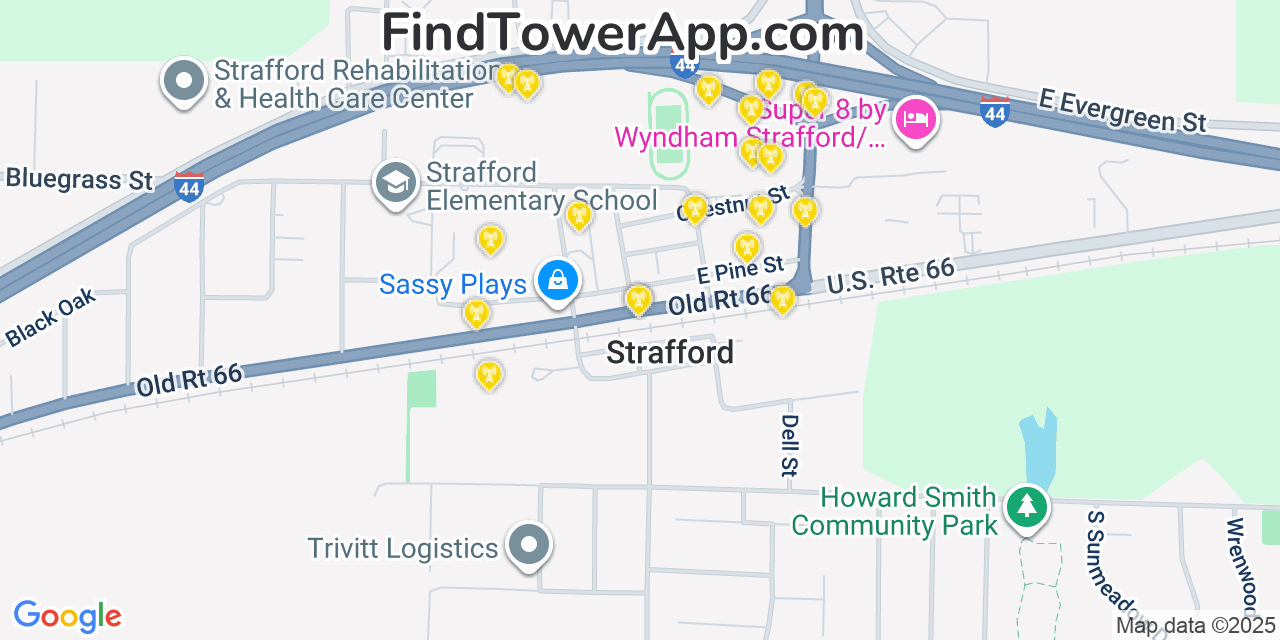 Map showing the 20 primary cell tower locations detected in Strafford, Missouri from AT&T, Verizon, and T-Mobile networks