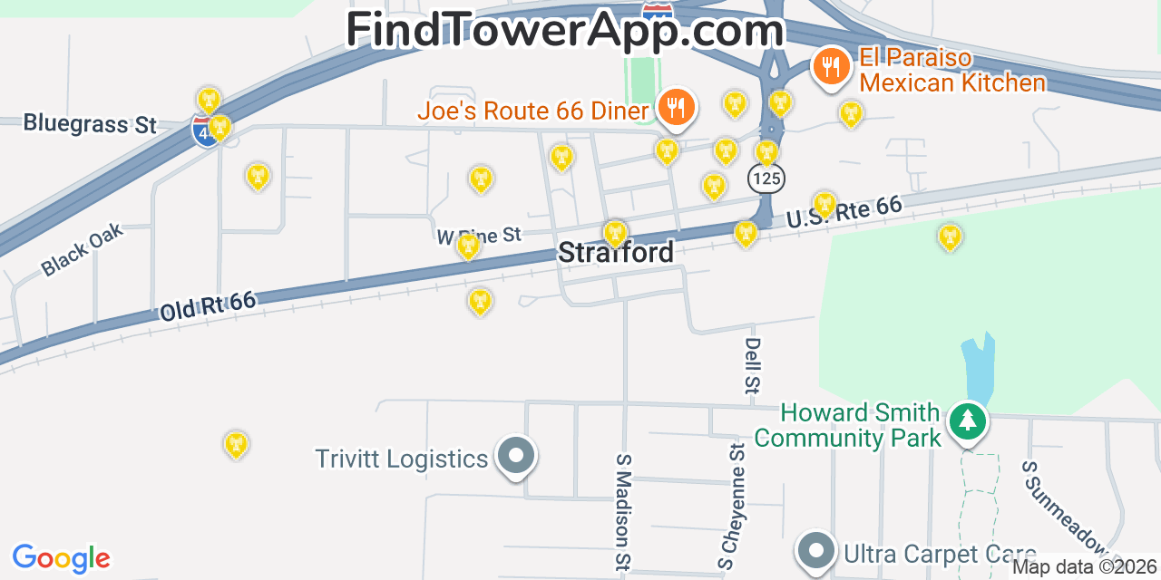 Map showing the 20 primary cell tower locations detected in Strafford, Missouri from AT&T, Verizon, and T-Mobile networks