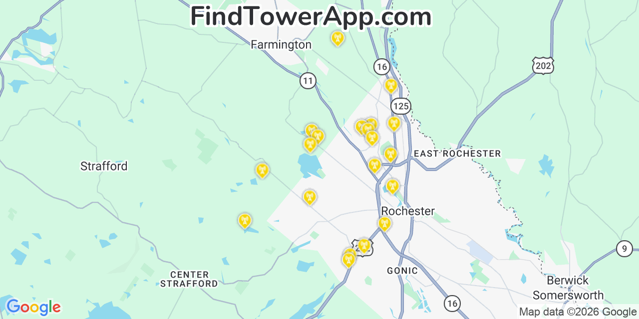 Map showing the 20 primary cell tower locations detected in Strafford, New Hampshire from AT&T, Verizon, and T-Mobile networks