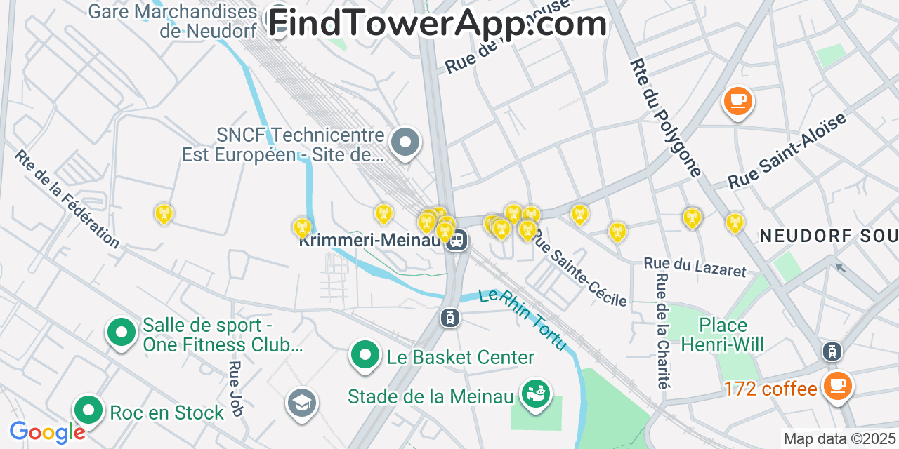 Map showing the 20 primary cell tower locations detected in Strasbourg, France with coverage areas and signal strength