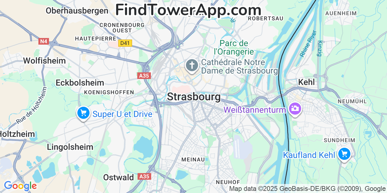 Map showing the 0 primary SFR cell tower locations detected in Strasbourg, France with coverage radius and signal strength indicators