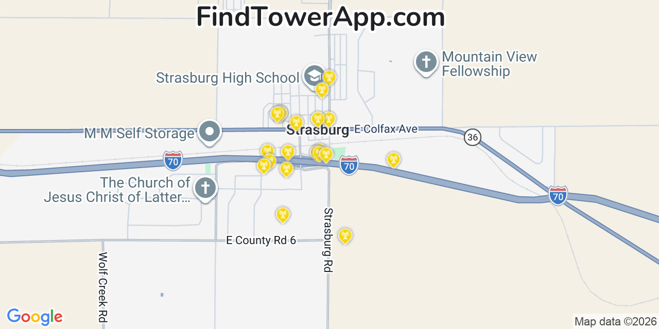 Map showing the 20 primary cell tower locations detected in Strasburg, Colorado from AT&T, Verizon, and T-Mobile networks