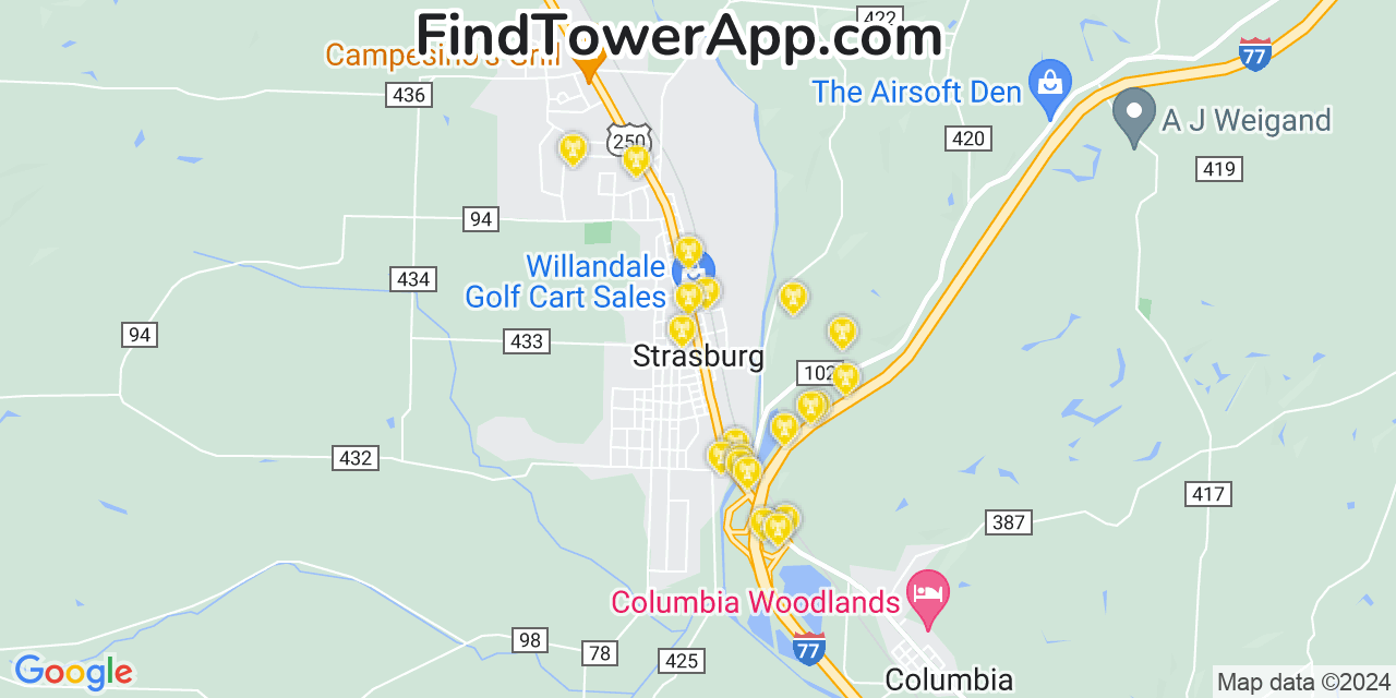 AT&T 4G/5G cell tower coverage map Strasburg, Ohio