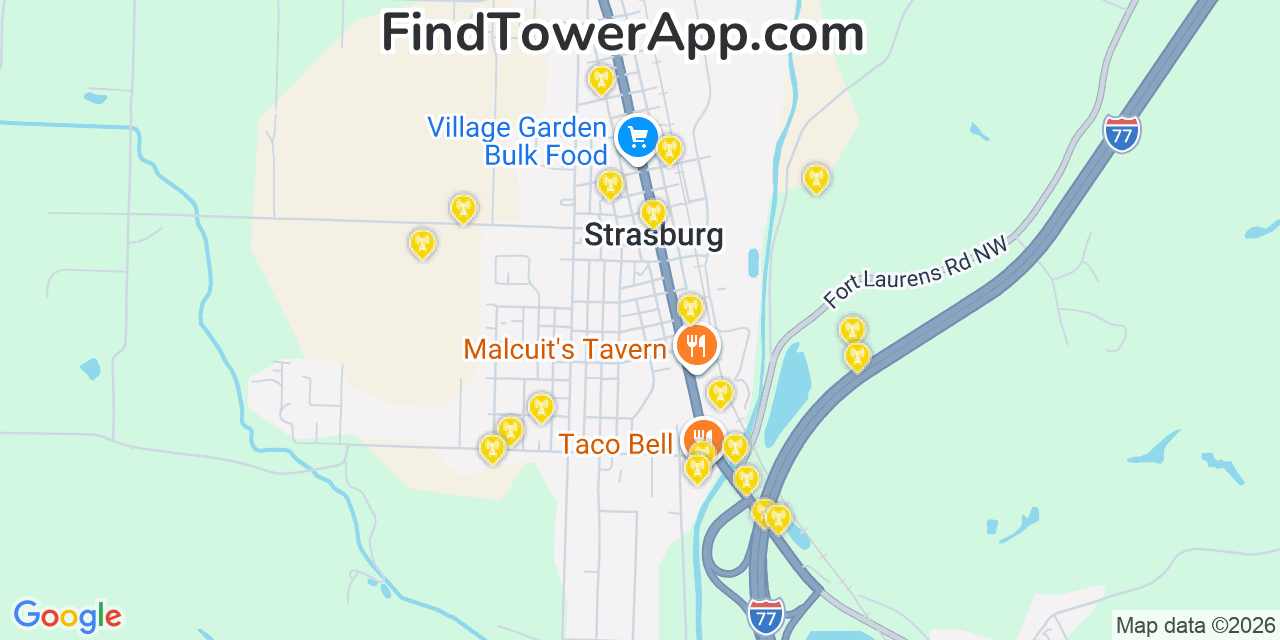 Map showing the 20 primary cell tower locations detected in Strasburg, Ohio from AT&T, Verizon, and T-Mobile networks